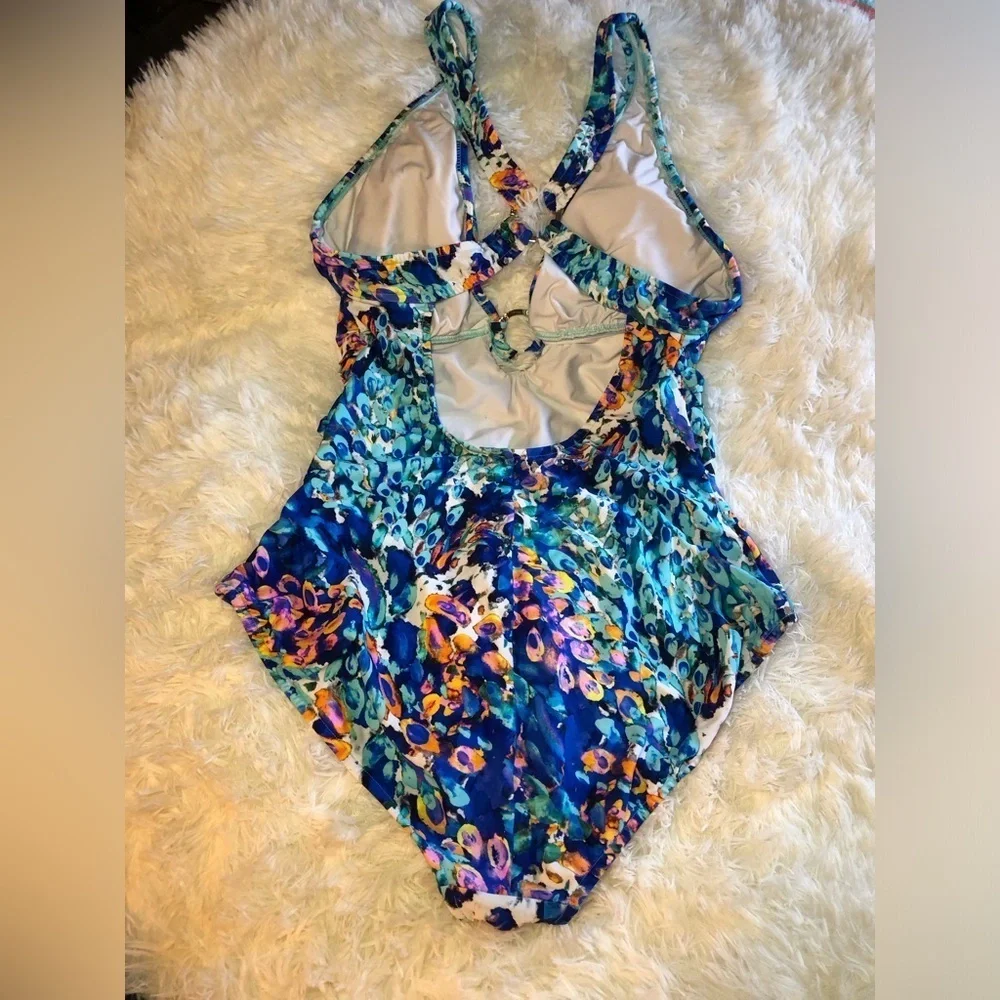 VENUS Blue and Orange One Piece Swimsuit with Plunging V-neckline